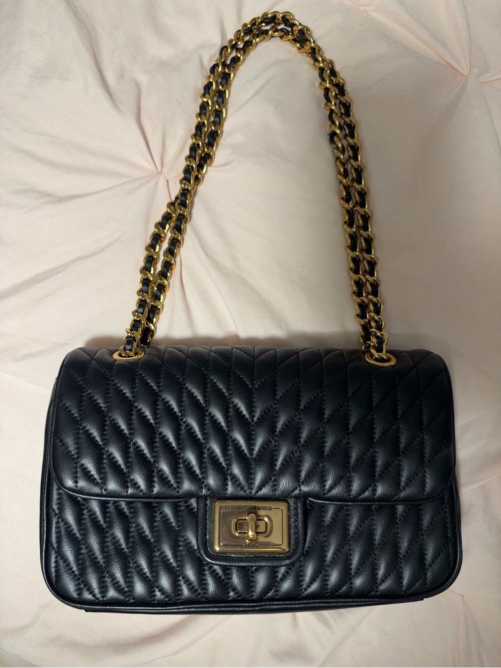 Karl Lagerfeld Black Quilted Shoulder Bag with Gold Chain